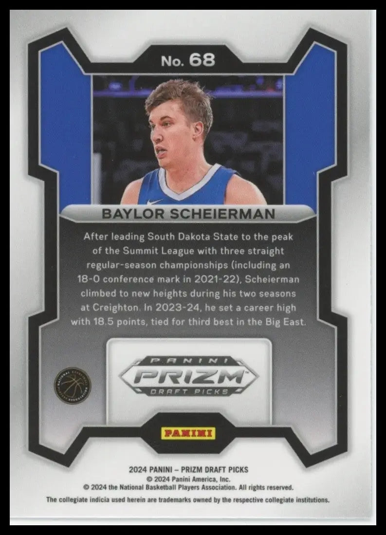 2024 Panini Prizm Draft Picks Baylor Scheierman #68 Rookie Basketball Card NCAA - Basketball Card