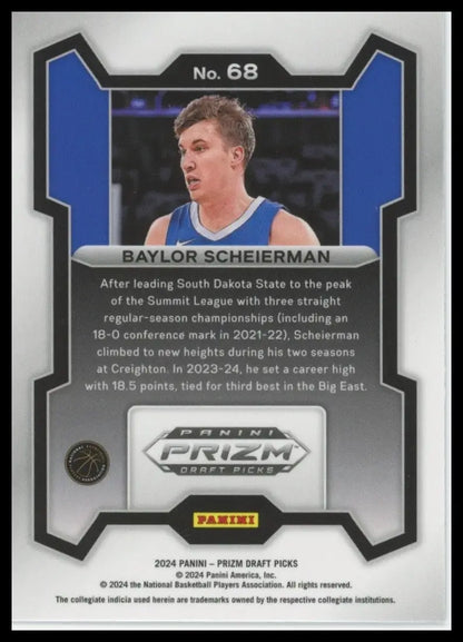 2024 Panini Prizm Draft Picks Baylor Scheierman #68 Rookie Basketball Card NCAA - Basketball Card