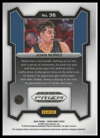 2024 Panini Prizm Draft Picks Juan Nunez #36 Rookie Basketball Card NCAA Sports - Basketball Card