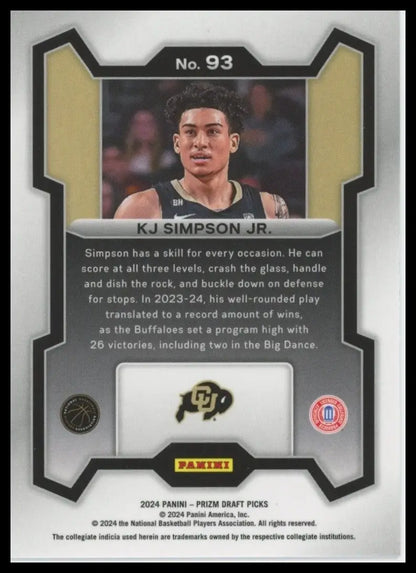 2024 Panini Prizm Draft Picks KJ Simpson Jr #93 Rookie Basketball Card NCAA