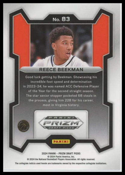 2024 Panini Prizm Draft Picks Reece Beekman #83 Rookie Basketball Card NCAA