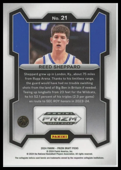 2024 Panini Prizm Draft Picks Reed Sheppard #21 Rookie Basketball Card NCAA