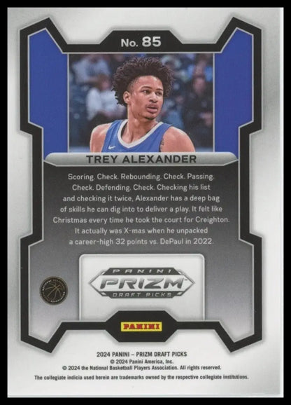 2024 Panini Prizm Draft Picks Trey Alexander #85 Rookie Basketball Card NCAA - Basketball Card