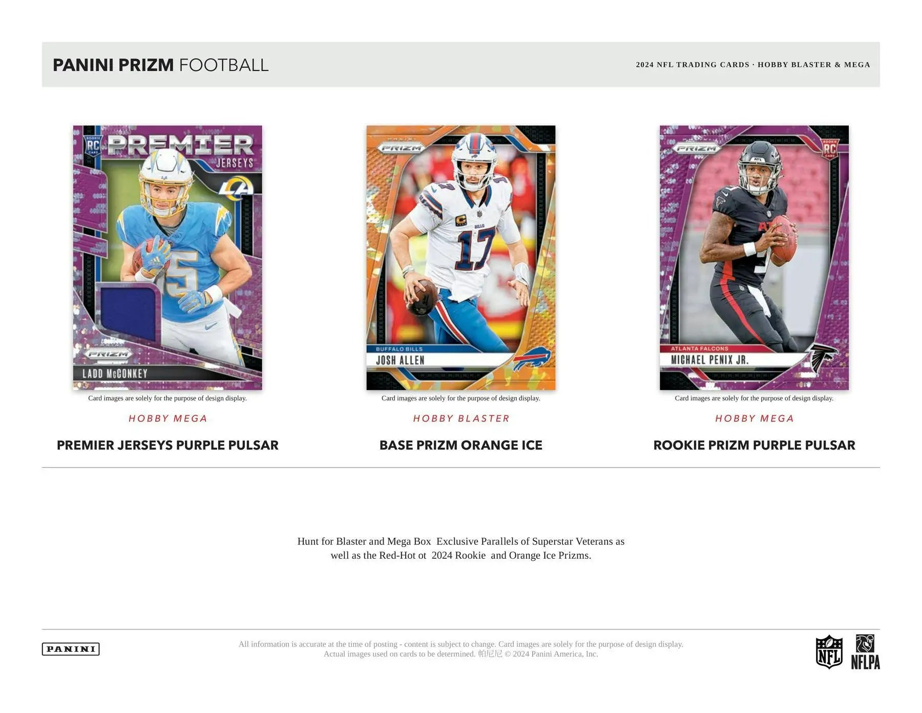 Product sheet for 2024 Panini Prizm Football Hobby Mega Box with Purple Pulsar Prizms
