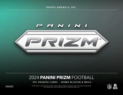 Promotional image for 2024 Panini Prizm Football Hobby Mega Box with Purple Pulsar Prizms