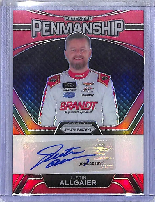 Justin Allgaier autographed trading card from Panini Prizm Patented Penmanship series