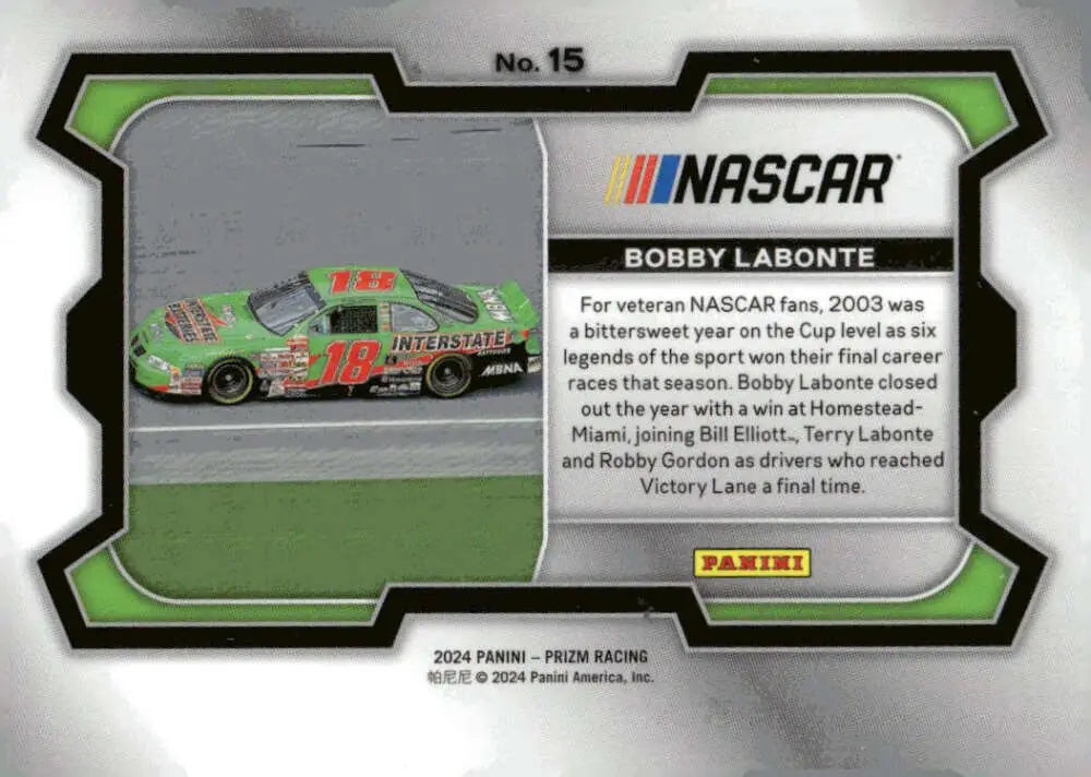Bobby Labonte NASCAR trading card from Panini Prizm Rides featuring Joe Gibbs Racing