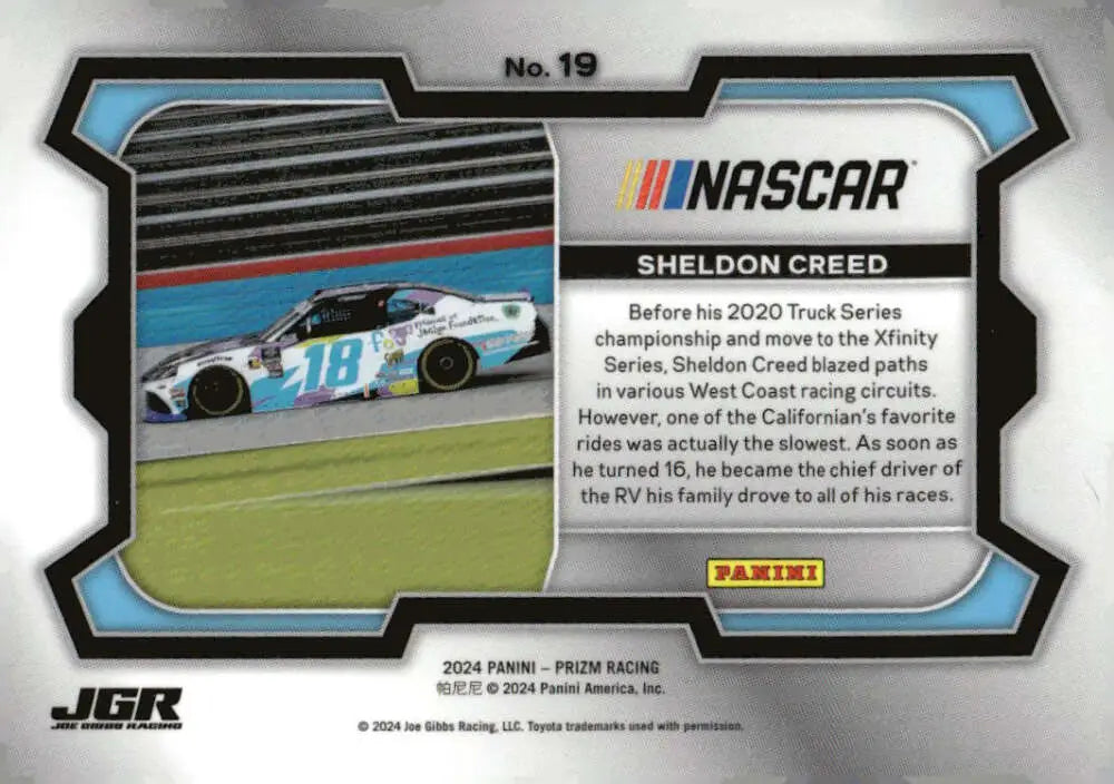 Sheldon Creed NASCAR trading card from 2024 Panini Prizm Rides series featuring Joe Gibbs Racing