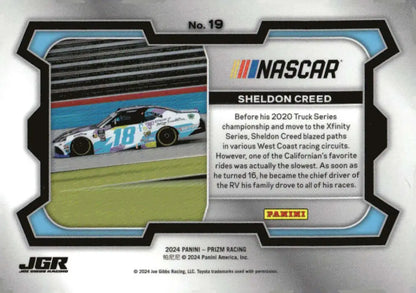 Sheldon Creed NASCAR trading card from 2024 Panini Prizm Rides series featuring Joe Gibbs Racing