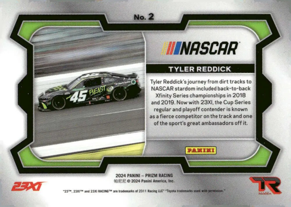 Tyler Reddick NASCAR trading card from 2024 Panini Prizm Rides featuring 23XI Racing Toyota Racing