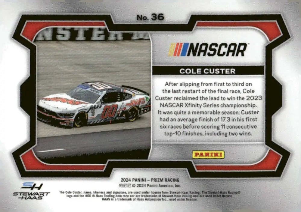 Cole Custer NASCAR trading card from Panini Prizm Rides 2024 series featuring Haas Stewart-Haas Racing