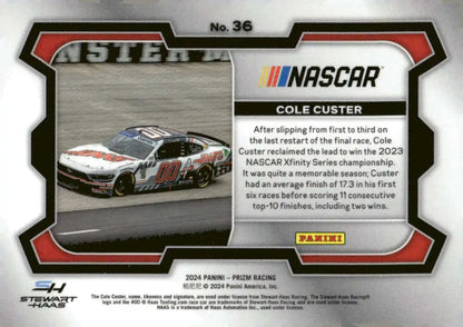 Cole Custer NASCAR trading card from Panini Prizm Rides 2024 series featuring Haas Stewart-Haas Racing