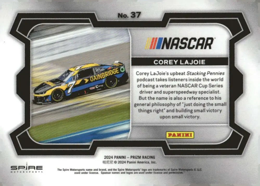 NASCAR trading card of Corey Lajoie from 2024 Panini Prizm Rides Gainbridge Spire Autos