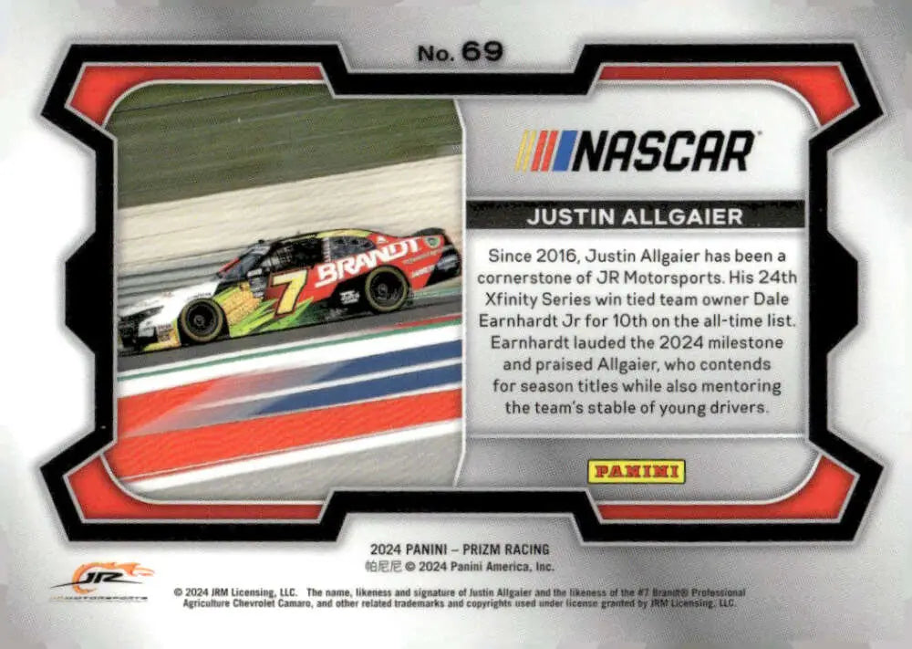Justin Allgaier Chevrolet Racing Panini Prizm Rides trading card front view
