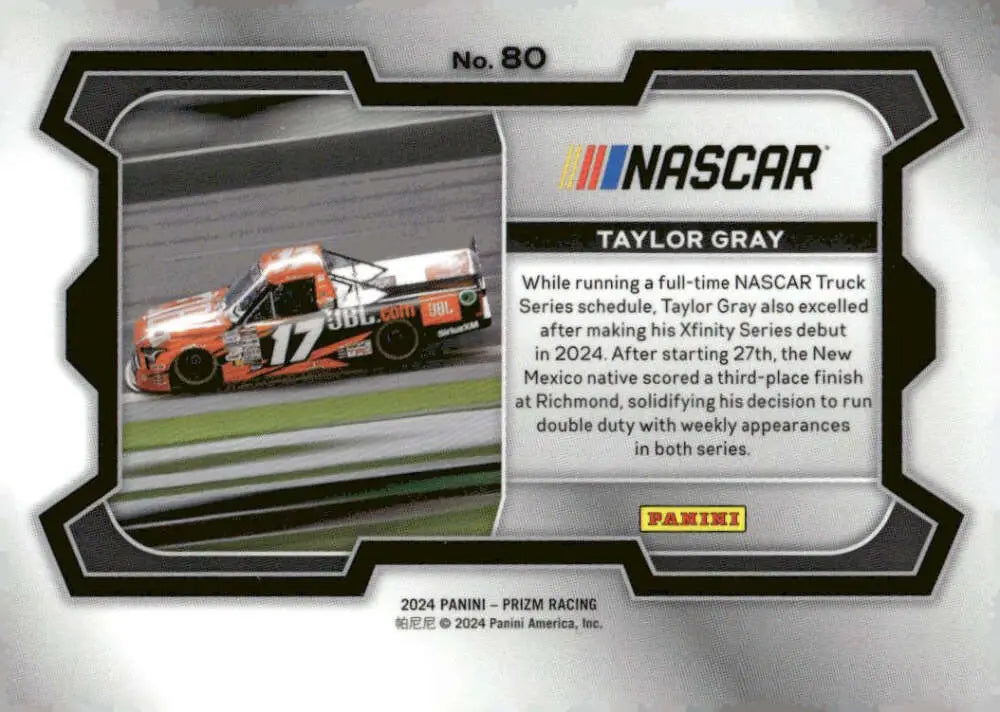 NASCAR trading card of Taylor Gray from JBL Tricon Garage Tricon Garage Toyota 2024 Panini Prizm Rides