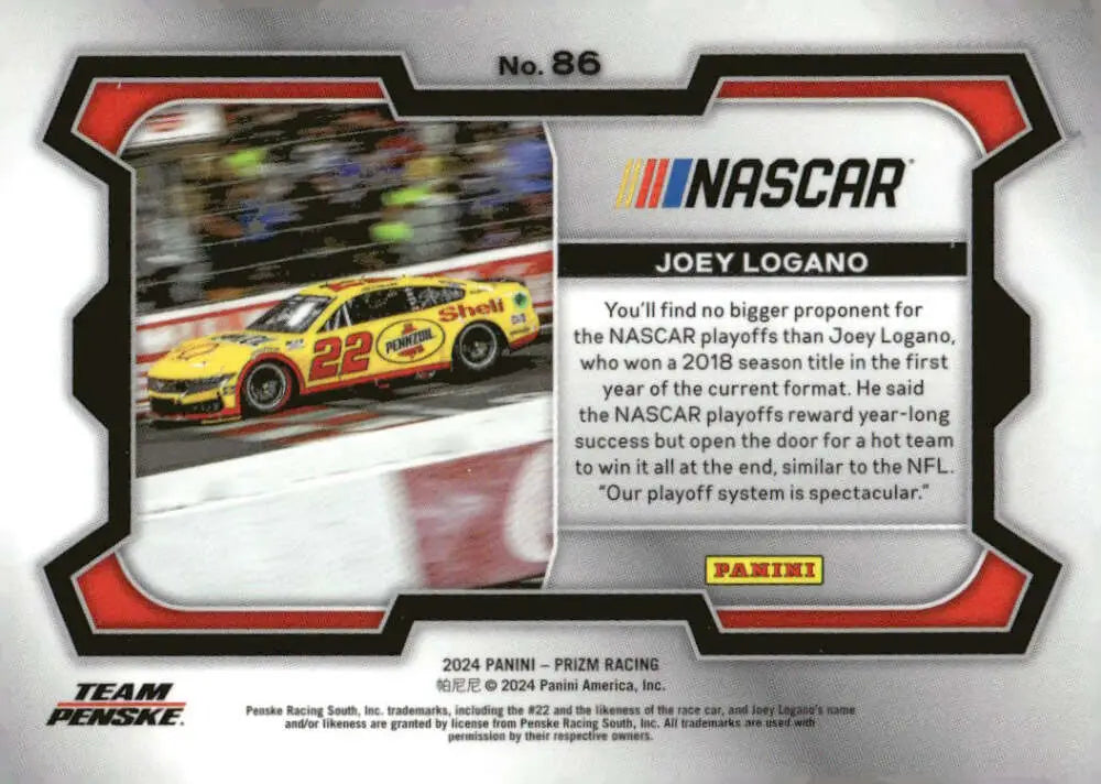 Joey Logano NASCAR trading card featuring Team Penske and Ford Racing from 2024 Panini Prizm Rides
