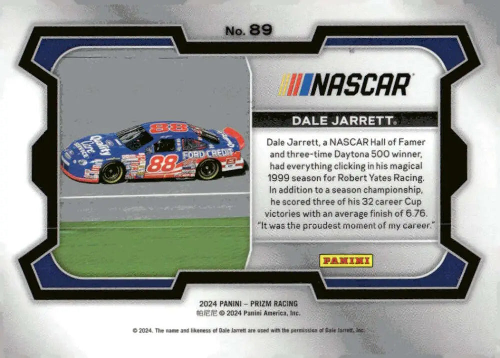 Dale Jarrett NASCAR trading card from 2024 Panini Prizm Rides series featuring Robert Yates Racing