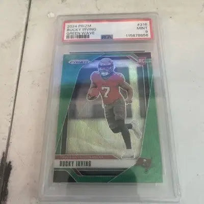 A graded 2024 Panini Prizm Green Wave Bucky Irving trading card in PSA 9