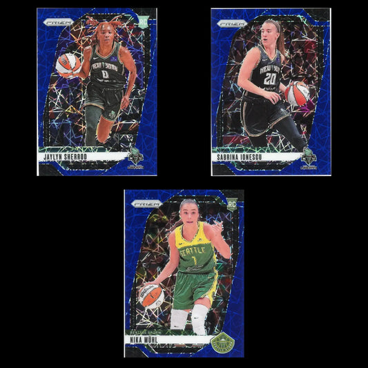 Three blue-bordered Panini Prizm WNBA Blue Velocity trading cards displayed