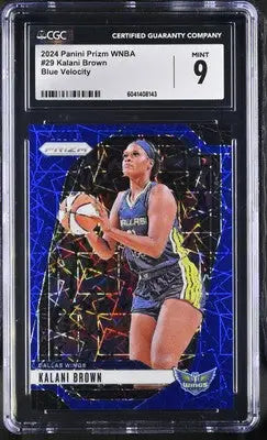 Graded Kalani Brown WNBA trading card from 2024 Panini Prizm WNBA Blue Velocity series