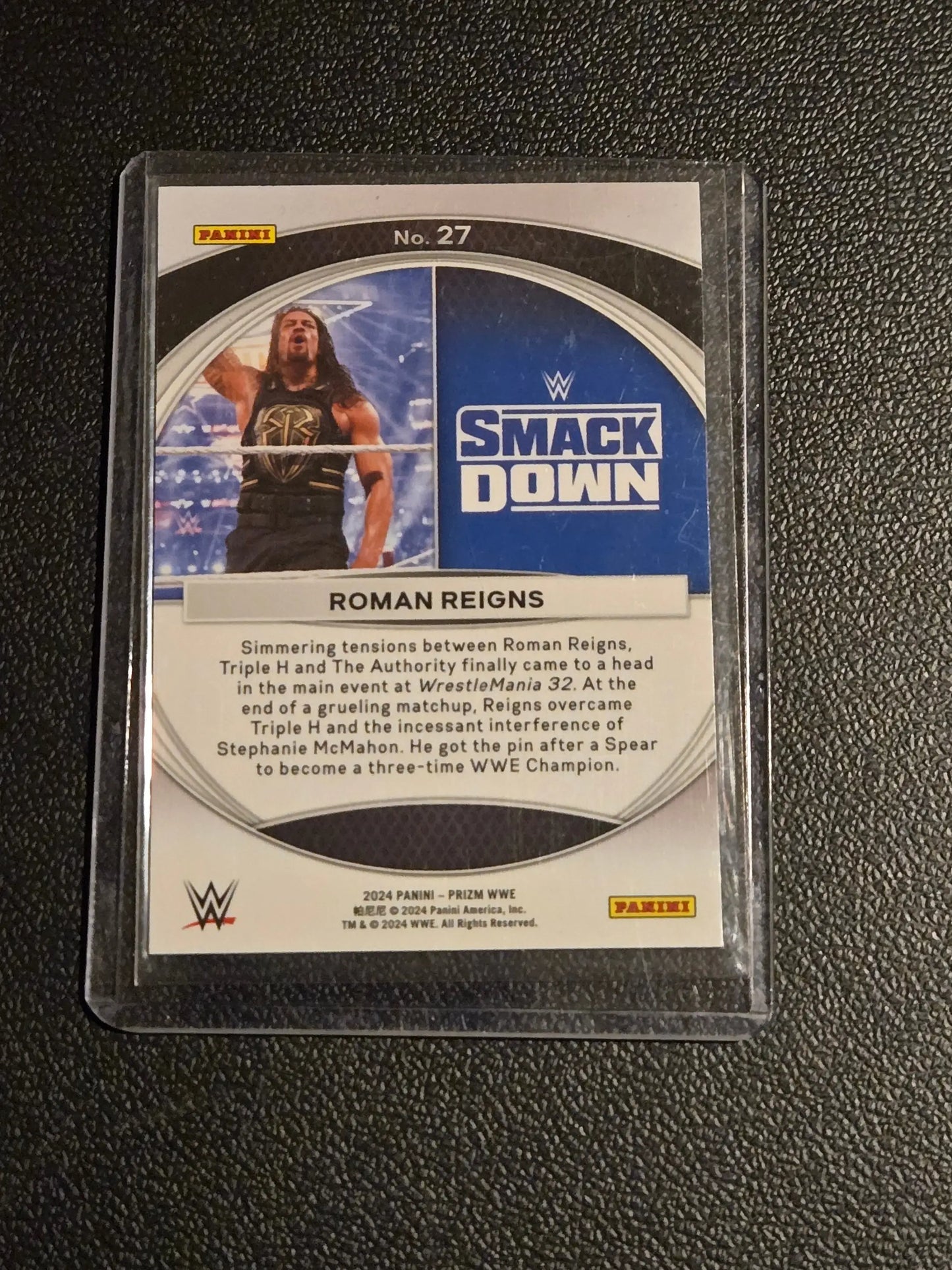 Roman Reigns WWE trading card from 2024 Panini Prizm WWE WrestleMania Moments