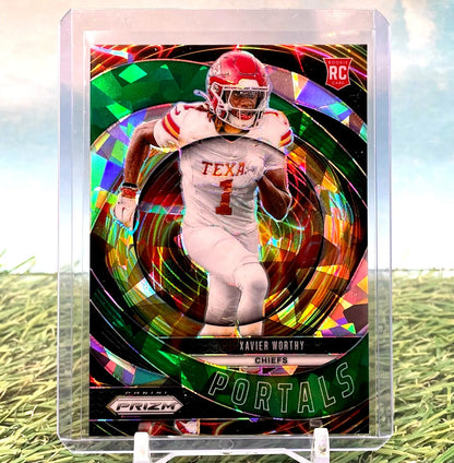 Xavier Worthy Panini Prizm Green Ice Rookie Card from 2024 set displayed for sale