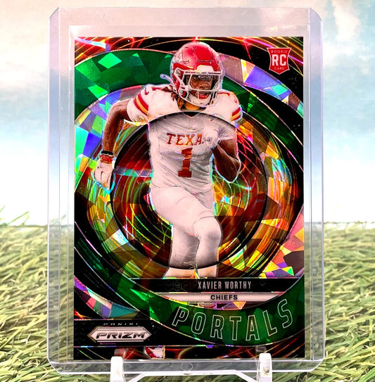 Xavier Worthy Panini Prizm Green Ice Rookie Card from 2024 set displayed for sale
