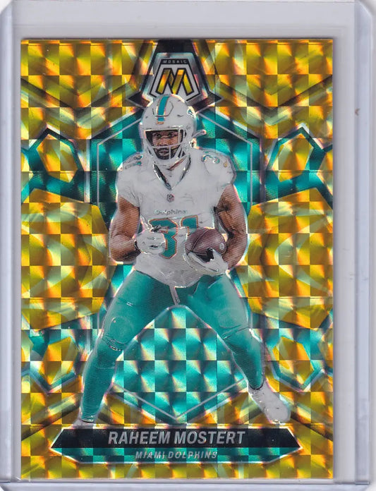 Football trading card of Raheem Mostert Miami Dolphins Panini Prizm Yellow Reactive