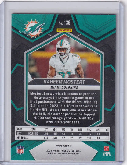 Raheem Mostert Miami Dolphins football card from 2024 Panini Prizm Yellow Reactive series