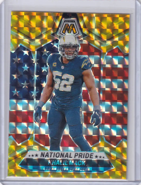 Khalil Mack National Pride football trading card 2024 Panini Prizm Yellow Reactive San Diego Chargers