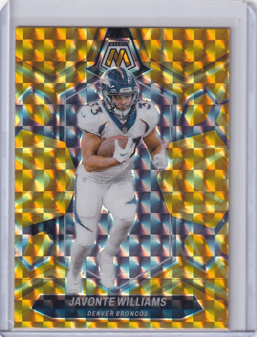Gold patterned Javonte Williams football trading card from 2024 Panini Prizm Yellow Reactive series