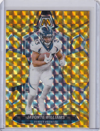Gold patterned Javonte Williams football trading card from 2024 Panini Prizm Yellow Reactive series