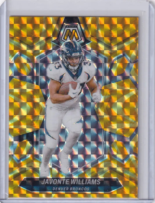 Gold patterned Javonte Williams football trading card from 2024 Panini Prizm Yellow Reactive series