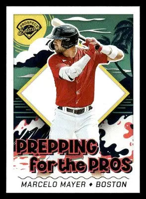 Baseball card of Marcelo Mayer prepping for the pros in 2024 Panini Prospect Edition