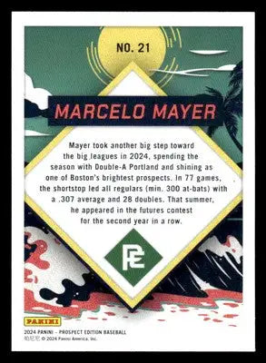 Marcelo Mayer baseball card from Panini Prospect Edition showcasing Marcelo Mayer prepping for the pros