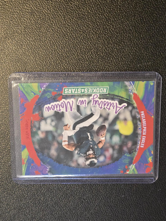 Football trading card of Jalen Hurts from Panini Rookies 2024 Artistry in Motion