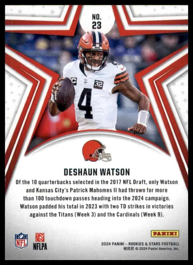 Football card featuring Deshaun Watson from 2024 Panini Rookies & Stars NFL release