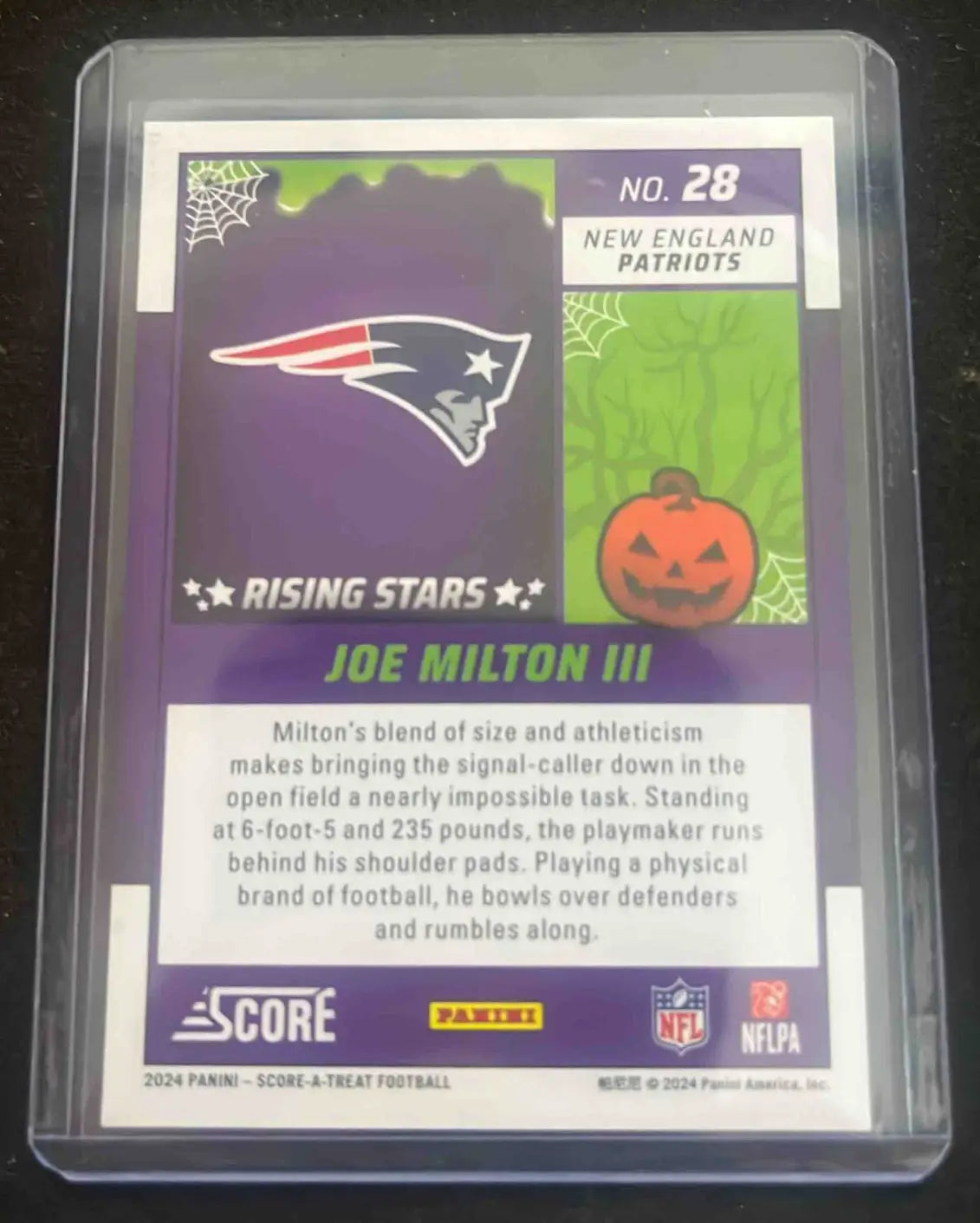 Joe Milton III Rising Stars Halloween football trading card featuring green bats and Patriots logo