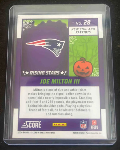 Joe Milton III Rising Stars Halloween football trading card featuring green bats and Patriots logo