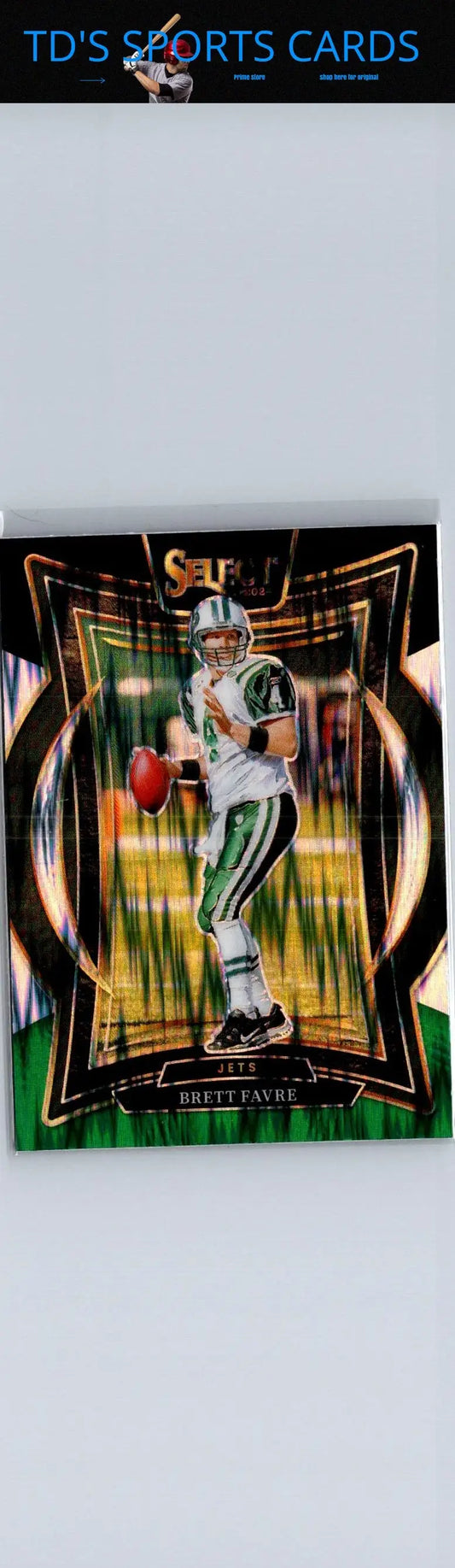 Football trading card featuring Brett Favre in green and white, 2024 Panini Select Black & Green Prizm Shock