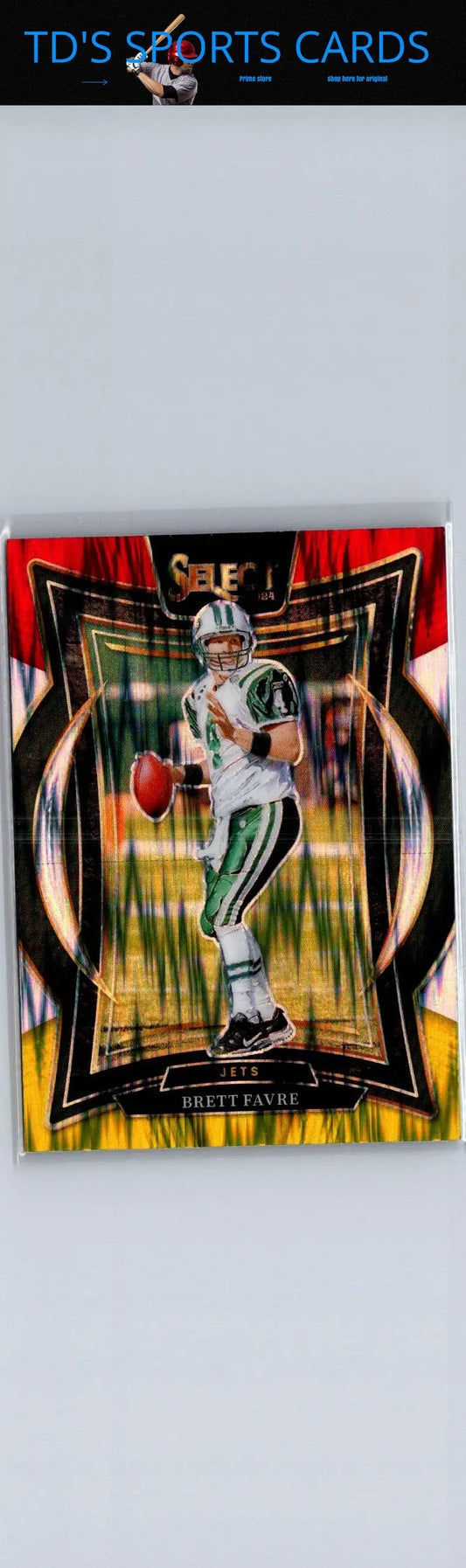 Collectible Brett Favre football trading card in New York Jets uniform featuring Red & Yellow Prizm Shock
