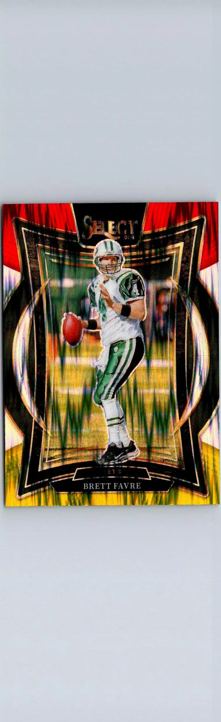 Football trading card featuring Brett Favre in a New York Jets uniform with Brett Favre Red and Yellow Prizm Shock design