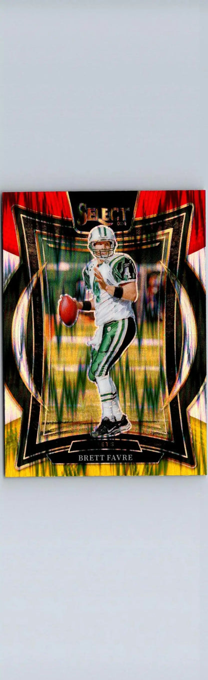 Football trading card featuring Brett Favre in a New York Jets uniform with Brett Favre Red and Yellow Prizm Shock design