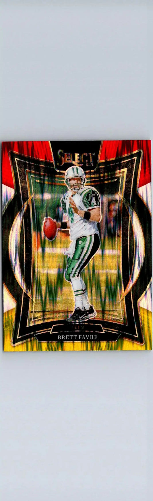 Football trading card featuring Brett Favre in a New York Jets uniform with Brett Favre Red and Yellow Prizm Shock design