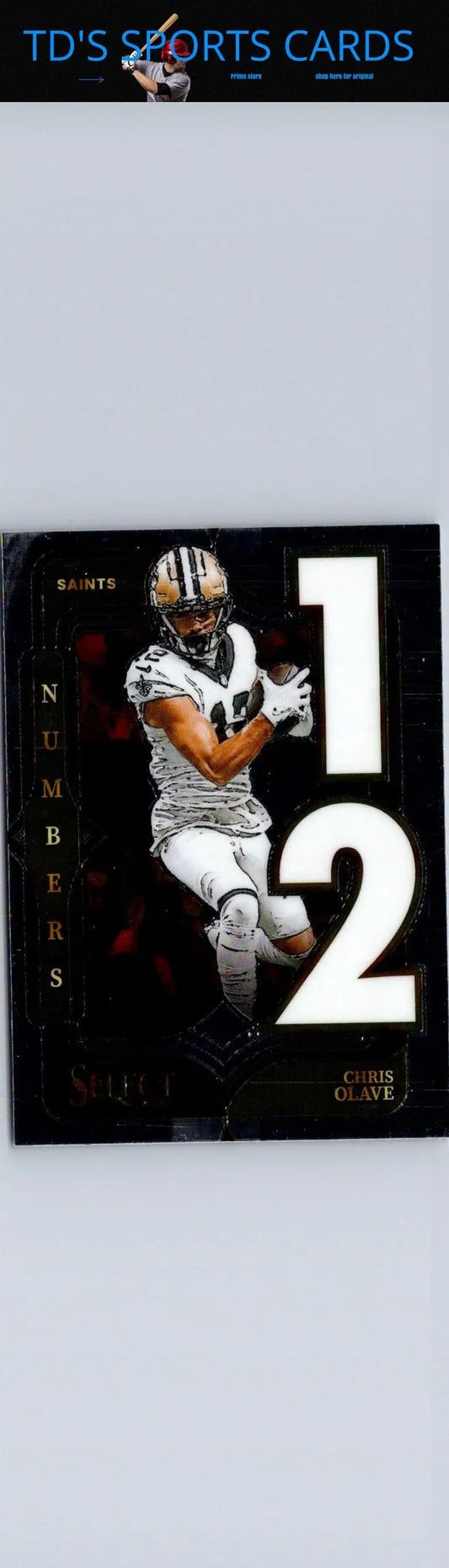 Black sports trading card featuring Chris Olave in Saints uniform with large white numbers 12