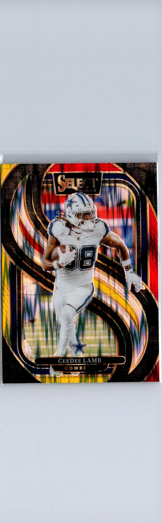 Football trading card of CeeDee Lamb in Dallas Cowboys uniform featuring 2024 Panini Select Red & Yellow Prizm Shock