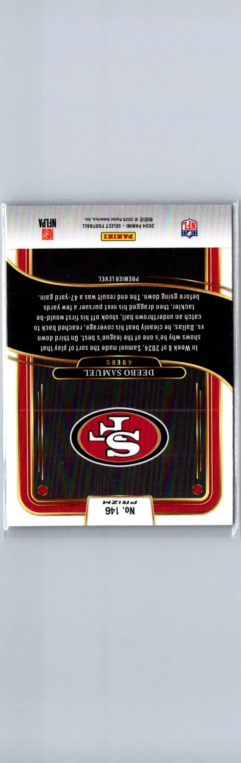 Collectible Deebo Samuel football trading card featuring Deebo Samuel Red and Yellow Prizm Shock
