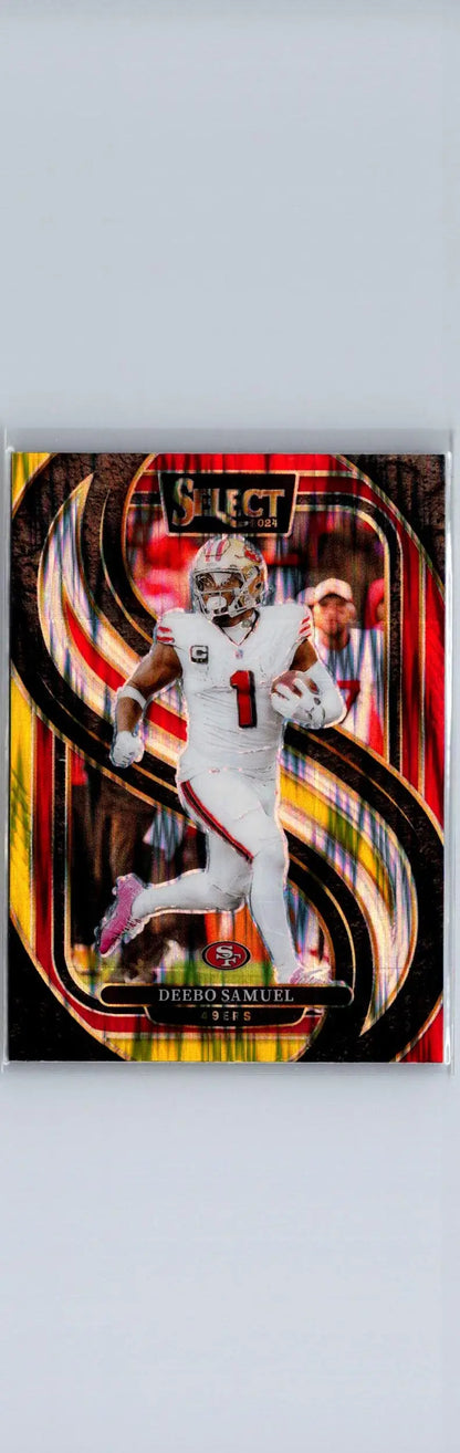 Football trading card of Deebo Samuel in white uniform with number 1, red and yellow prizm shock