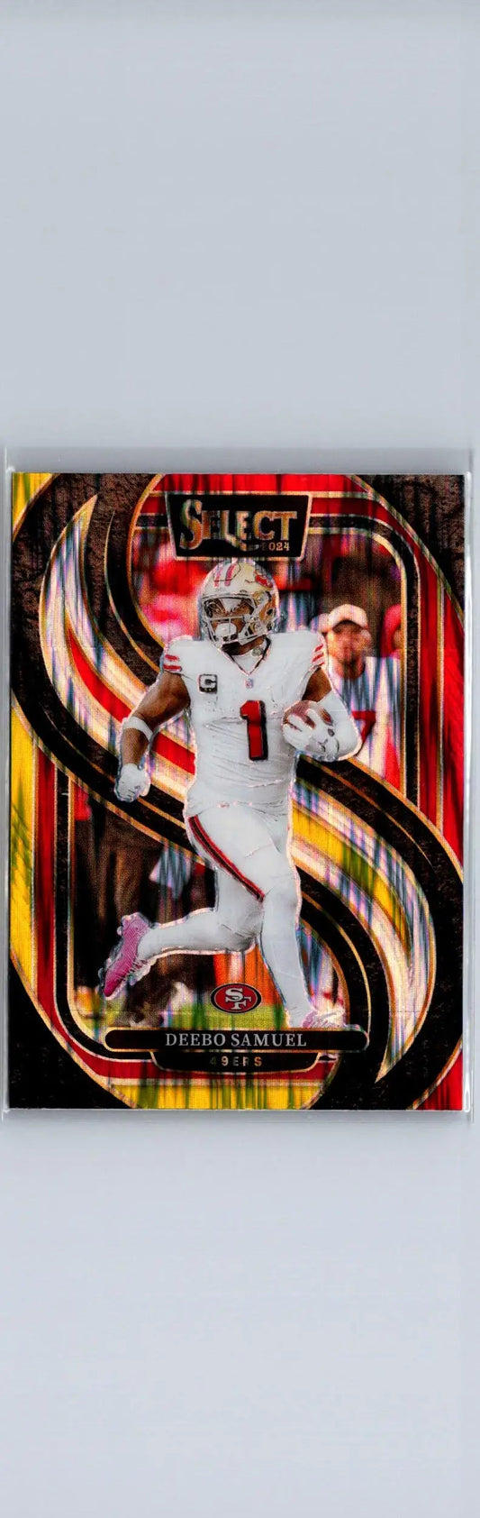 Football trading card of Deebo Samuel in white uniform with number 1, red and yellow prizm shock