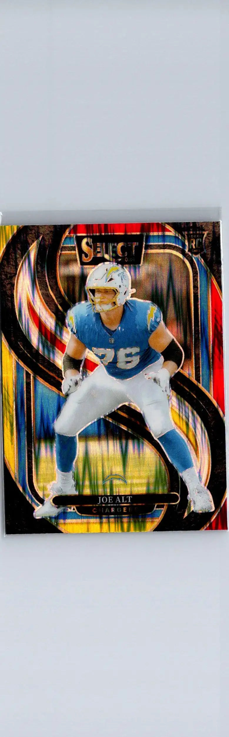 Football trading card featuring Joe Alt in light blue uniform with number 76, 2024 Panini Select Joe Alt Red Yellow Prizm Shock
